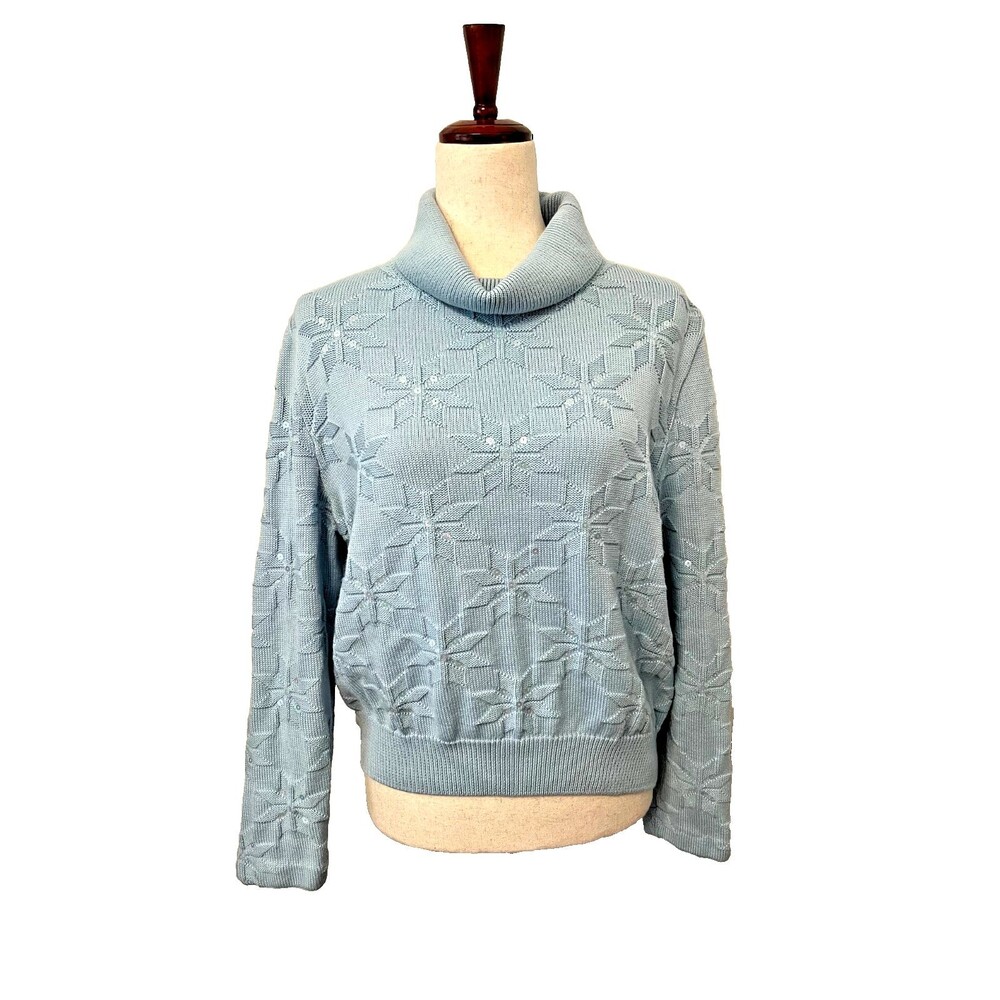 St. John Sport Women's M Wool Silk Sweater Snowflake Sequins Blue Turtleneck Vtg